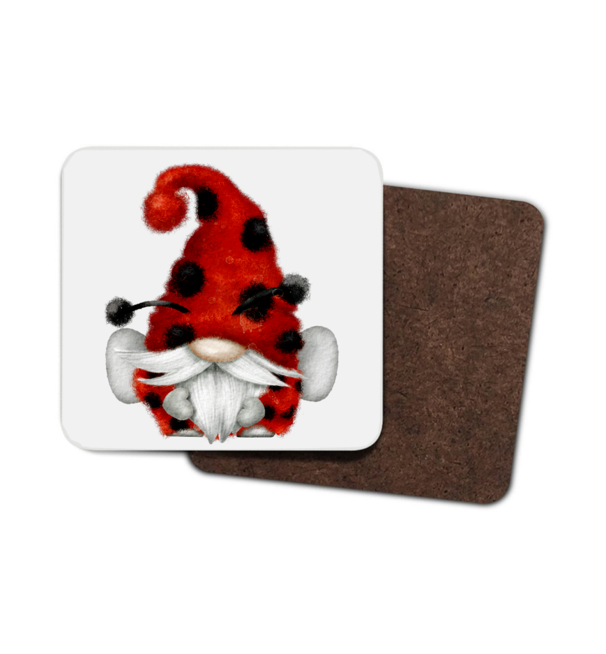 Ladybug Gnome Hardboard Coaster, Ladybird Coaster, Gonk Ladybird - Click Image to Close